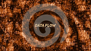 Vector abstract big data visualization. Orange glowing data flow as binary numbers. Computer code representation