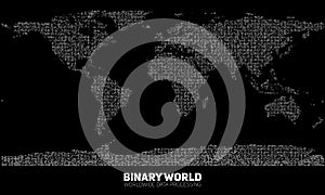 Vector abstract binary world map. Continents constructed from binary numbers. Global information network.