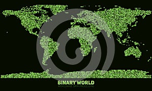 Vector abstract binary world map. Continents constructed from green binary numbers. Global information network.