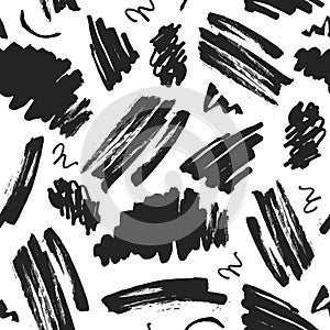 Vector Abstract black brush hand drawn seamless pattern. Monochrome grunge texture. Brushstroke freehand ink decor.