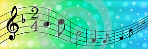 Vector Abstract Black Music Notes in Pastel Blue, Green and Yellow Gradient Background Banner