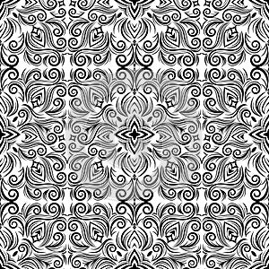 Vector abstract black and white ornament, curve swirls seamless pattern with flowers and curls, line ethnic drawing. Vintage