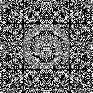 Vector abstract black and white ornament, curve swirls seamless pattern with flowers and curls, line ethnic drawing. Vintage