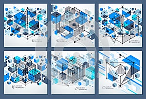 Vector abstract blue backgrounds set created in isometric mesh lines style. Mechanical scheme, vector engineering drawing with