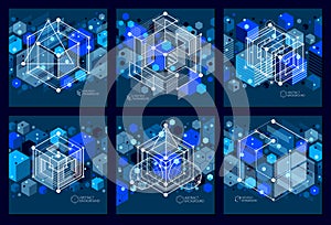 Vector abstract blue black backgrounds set created in isometric mesh lines style. Mechanical scheme, vector engineering drawing