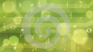 Vector Abstract Blurry Music Notes and Electronic Elements in Green Gradient Background