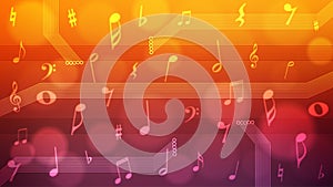 Vector Abstract Blurry Music Notes and Electronic Elements in Red and Orange Gradient Background