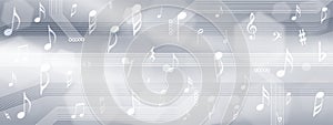 Vector Abstract Blurry Music Notes and Electronic Elements in Shining Grey Background Banner