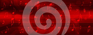 Vector Abstract Blurry Music Notes and Electronic Elements in Shining Red Background Banner