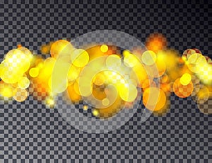 Vector abstract bokeh background. Transparent festive defocused lights isolated on dark background.