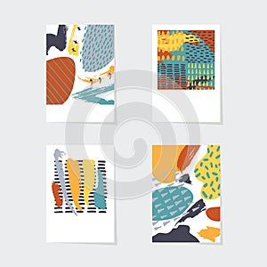 Vector abstract cards set. Hand drawn elemens in nuance colors. Dots. spots and brush strokes in imperfect style.