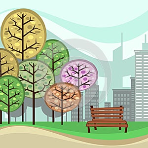 Vector abstract city park illustration with trees and chair