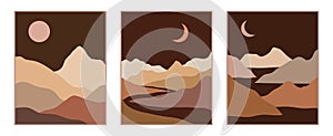 Vector abstract contemporary aesthetic set of backgrounds landscapes with mountains, roads, sunrise, sunset. Boho wall print decor