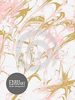 Vector abstract ebru background. Gold and pink splashes. photo