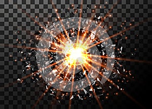 Vector abstract explosion background. Bright blast in dark. Glowing bright light. Digital graphic for brochure, website photo