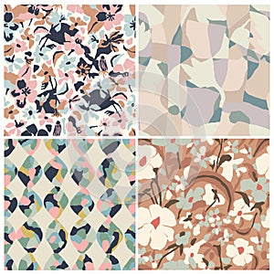 Vector abstract flower illustration seamless repeat pattern 4 designs set retro color