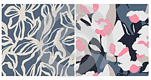 Vector abstract flower and leaf seamless repeat pattern 2 designs set