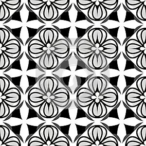 Vector. Abstract flowers on a black tiles. Seamless pattern vector illustration. Black, white and gray.