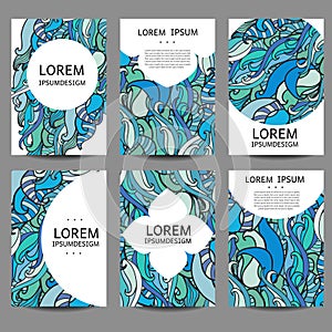 Vector abstract flowers set of brochures in doodle style.