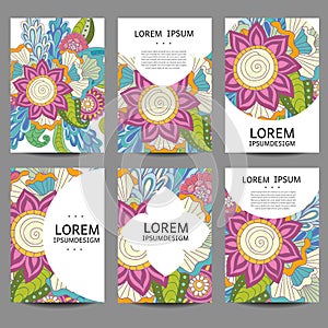 Vector abstract flowers set of brochures in doodle style.