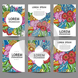 Vector abstract flowers set of brochures in doodle style.