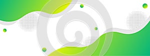 Vector Abstract Fluid Style Banner Background with Simple Green and Yellow Gradient Wavy Lines, Circles and Halftone Dots