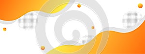 Vector Abstract Fluid Style Banner Background with Simple Orange and Yellow Gradient Wavy Lines, Circles and Halftone Dots
