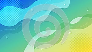 Vector Abstract Fluid Style Blue, Green and Yellow Gradient Background with Simple Wavy Lines, Circles and Halftone Dots