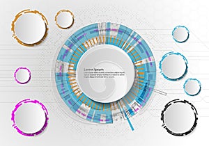 Vector Abstract futuristic circuit board on light gray background, hi-tech digital technology concept. Blank white 3d paper circle
