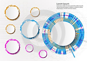 Vector Abstract futuristic circuit board on light gray background, hi-tech digital technology concept. Blank white 3d paper circle