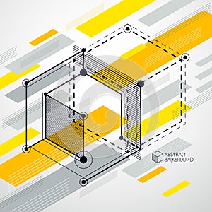 Vector of abstract geometric 3D cube pattern and yellow background. Layout of cubes, hexagons, squares, rectangles and different