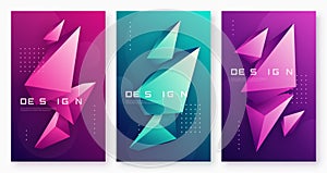 Vector abstract geometric backgrounds with 3d triangular shapes, colorful minimal cover designs, polygonal futuristic posters.