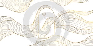 Vector abstract gold background, arch and waves, sun, moon. Line golden illustration, elegant celestial, spiritual card