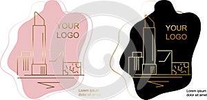 Vector abstract graphics of gold lines and shapes on a pink and black background, in the form of cosmetics