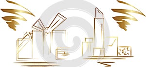 Vector abstract graphics of gold lines and shapes on white background, in the form of cosmetics