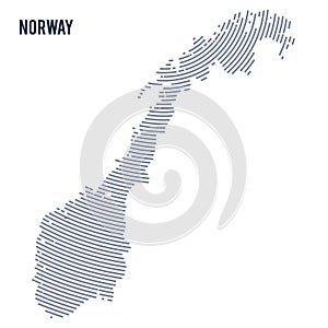 Vector abstract hatched map of Norway with curve lines isolated on a white background.