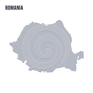 Vector abstract hatched map of Romania with curve lines isolated on a white background.