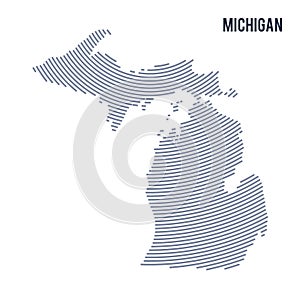 Vector abstract hatched map of of State of Michigan with curve lines isolated on a white background.