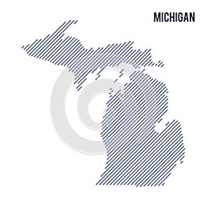 Vector abstract hatched map of State of Michigan with oblique lines isolated on a white background.