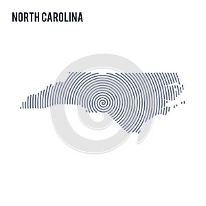 Vector abstract hatched map of State of North Carolina with spiral lines isolated on a white background.