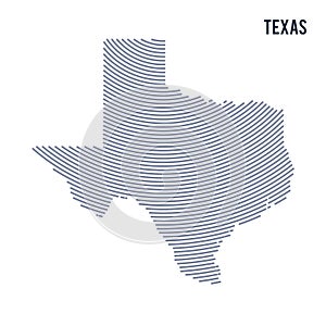 Vector abstract hatched map of of State of Texas with curve lines isolated on a white background.