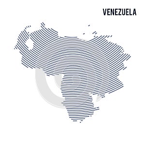 Vector abstract hatched map of Venezuela with curve lines isolated on a white background.