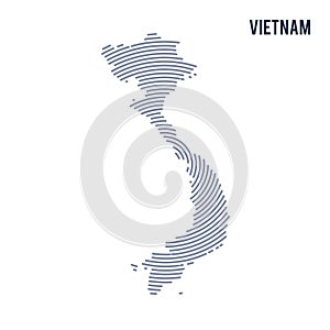 Vector abstract hatched map of Vietnam with spiral lines isolated on a white background.