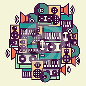 Vector abstract illustration of audio and sound icons: audio cassette, music record, dynamic, speaker, microphone and piano