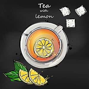 Vector abstract illustration with a cup of tea, a slice of lemon and cubes of sugar