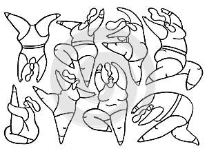 Vector abstract illustration doodles with set of dancing fat women