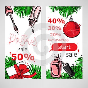 Vector abstract illustration with fir branches, Christmas ball, gifts, nail polish and lip gloss