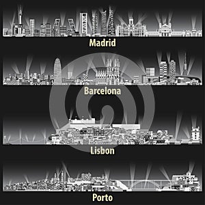 Vector abstract illustration of Madrid, Barcelona, Lisbon and Porto cities skylines at night in grey tints color palette