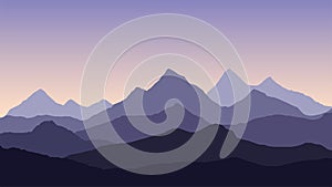 Vector abstract illustration of a multi-layered mountain landscape under a purple morning or evening sky with a rising or setting