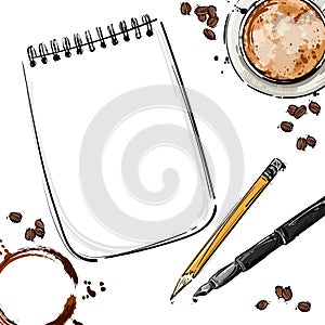 Vector abstract illustration with notebook, pen, pencil, coffee mug and coffee beans